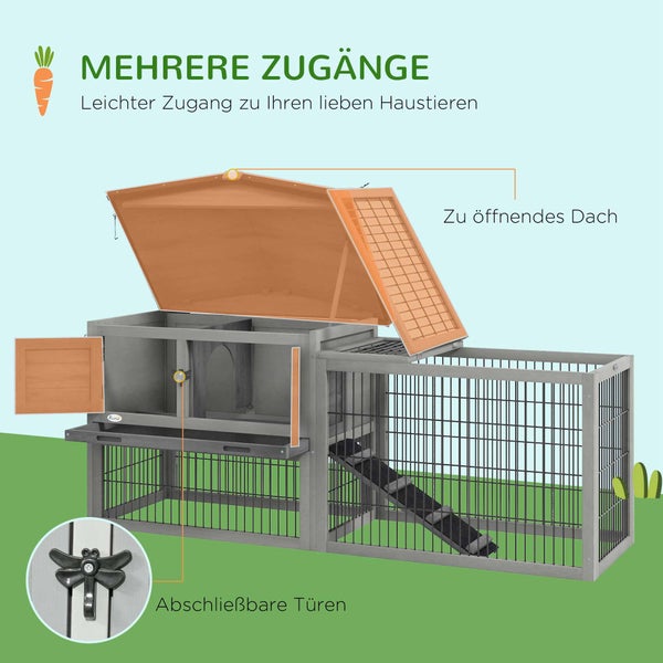 PawHut Hasenstall 2 Ebenen Kaninchenstall aus Tannenholz Winterfest Doppelstockhaus mit Freilaufgehege Rampe 150x52x68 cm Kaninchenkäfig Outdoor Kleintierstall für Hasen Kaninchen Meerschweinchen Grau