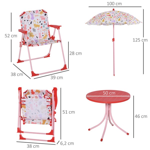 Outsunny 4tlg. Kindersitzgruppe, Gartentisch mit 2 Klappstühle, für 3-5 Jahre, 50L x 50B x 46H cm, Metall, Polyester, Rot