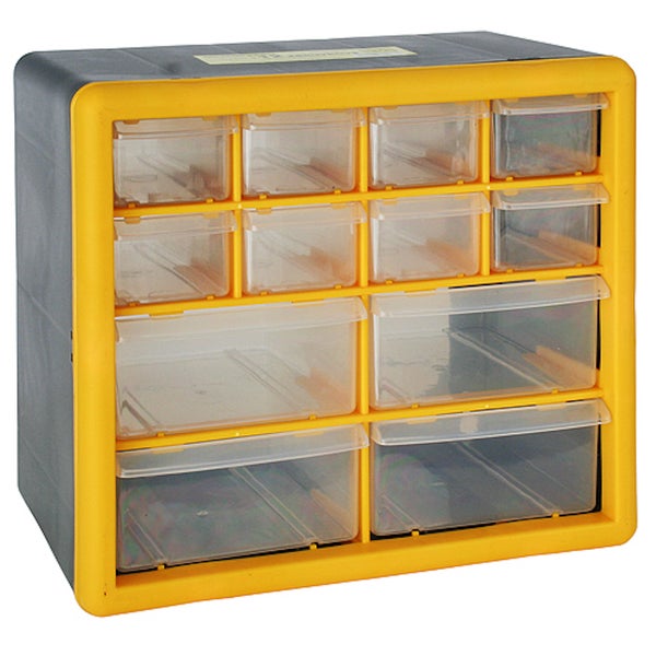 PROREGAL Cosimo Kleinteilemagazin mit 12 Schubfächer Grau/Gelb HxBxT 23,5 x 26,5 x 16 cm Kleinteileregal Sortimentsboxen Sortimentskastenregal