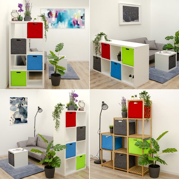 Vier Ansichten von modularen Regalen mit bunten Stoffaufbewahrungsboxen in einem modern eingerichteten Wohnzimmer mit Pflanzen und Sofa.