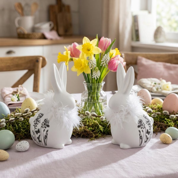 Osterdekoration mit zwei weißen Hasenfiguren aus Keramik, verziert mit Federn und Blumenmuster, auf einem gedeckten Tisch mit Frühlingsblumen.