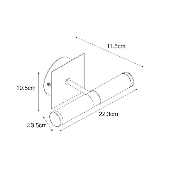 Technische Zeichnung eines Papierrollenhalters mit den Maßen 11,5 cm Breite, 10,5 cm Höhe, 22,3 cm Länge und 3,5 cm Durchmesser