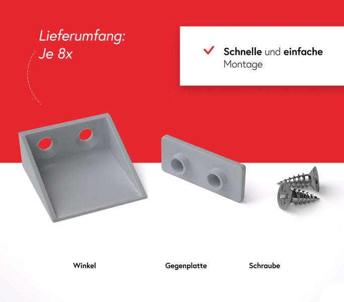 Abbildung eines Winkel, einer Gegenplatte und Schrauben zur einfachen Montage