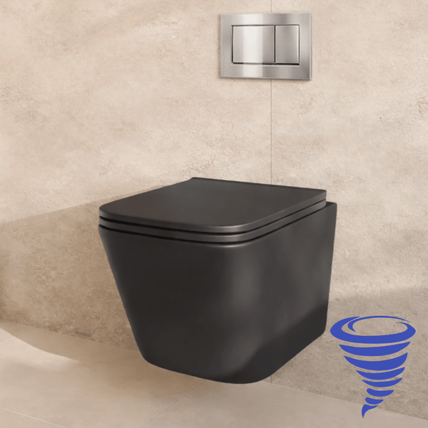 Hängendes Wand-WC mit Klodeckel und Betätigungsplatte an einer gefliesten Wand