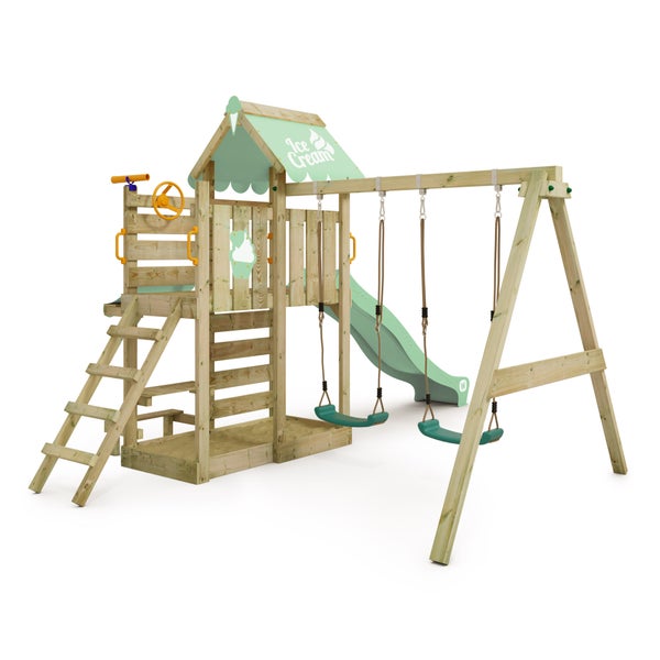 WICKEY Spielturm Klettergerüst VanillaFlyer mit Schaukel und Rutsche, Kletterturm mit Sandkasten, Leiter und Spiel-Zubehör – pastellgrün