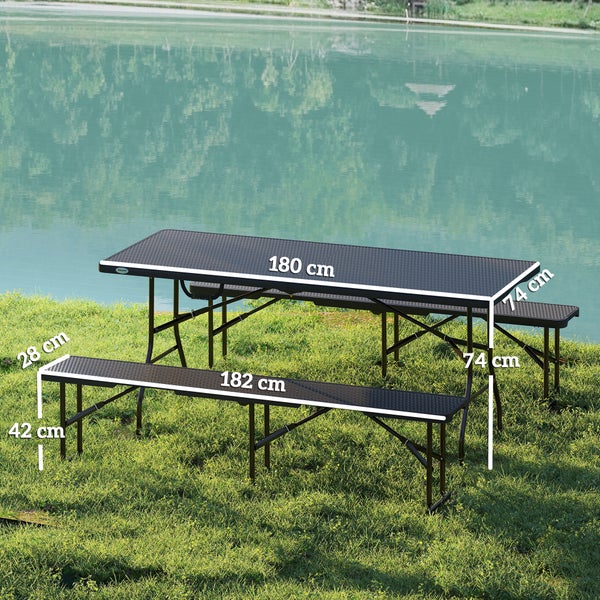 Outsunny Bierzeltgarnitur 3-teiliges Set Klappbar Campingtisch, 2 Bierbank mit Tragegriff, Rattanoptik, Biertischgarnitur Festzeltgarnitur für Balkon, Partyzelt, Garten 180 x 74 x 74 cm