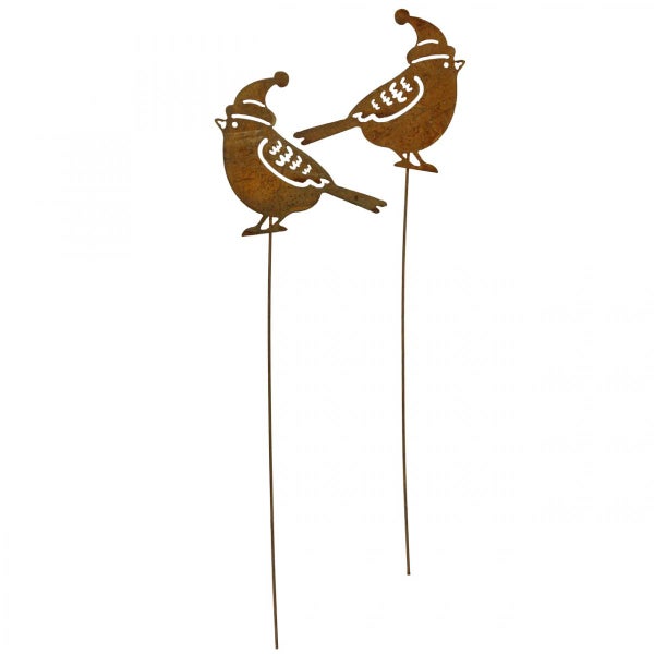 Zwei Vogel Gartenstecker mit Weihnachtsmütze