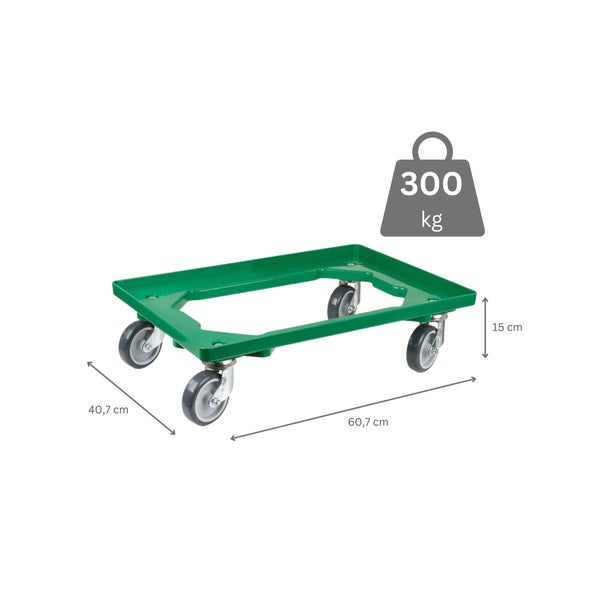PROREGAL SparSet 2x Transportroller für Euroboxen 60 x 40 cm mit Gummiräder Grün Offenes Deck 4 Lenkrollen Traglast 300 kg