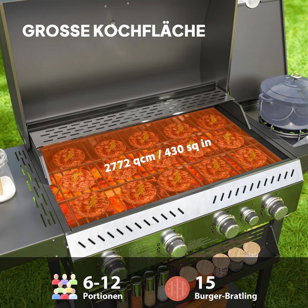 Outsunny Gasgrill 12 KW 4+1 Brenner BBQ Grillwagen aus Edelstahl inkl Seitenbrenner Thermometer Grillrost Kochfeld Flaschenöffner Seitenablagen Gas-Grill für Balkon Camping 135 x 55 x 103cm