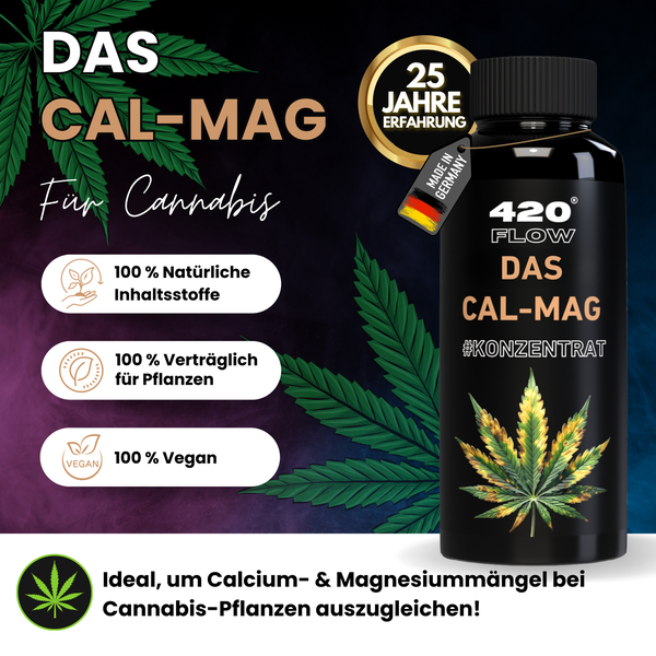 Eine Flasche 420 Flow Cal-Mag Konzentrat zur Behandlung von Calcium- und Magnesiummangel bei Cannabispflanzen mit natürlichen Inhaltsstoffen.