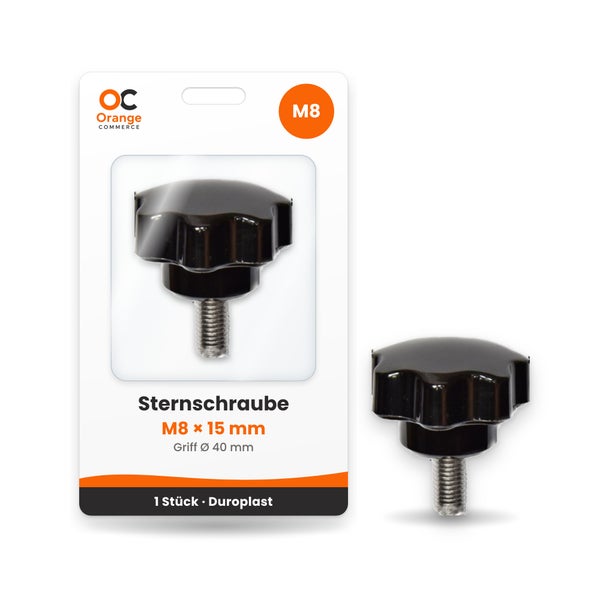 Sternschraube M8 x 15 Millimeter mit 40 Millimeter Griffdurchmesser aus Duroplast, 1 Stück, Orange Commerce Logo.