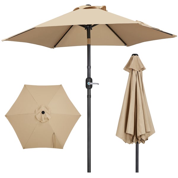 Sonnenschirm mit Ständer und geöffnetem sowie geschlossenem Schirm