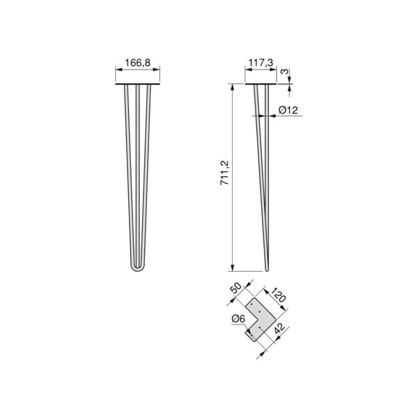 Technische Zeichnung eines Haarnadel Tischbeins aus Metall mit Maßen in Millimetern.