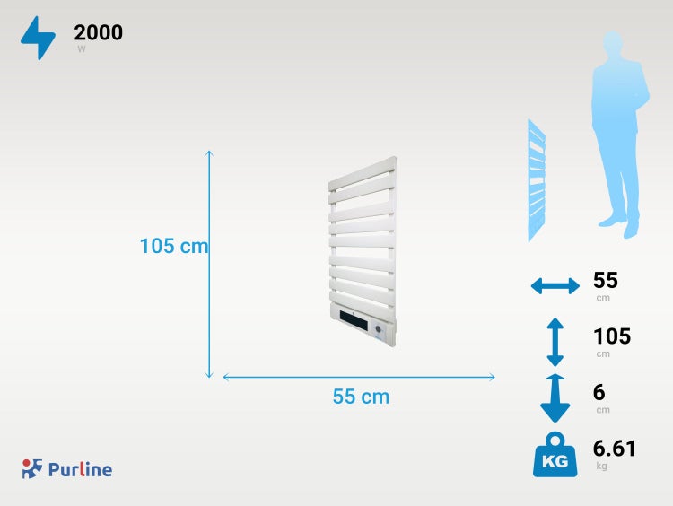 Purline Handtuchwärmer mit den Maßen 105 x 55 x 6 cm, 2000 Watt und 6,61 kg Gewicht.