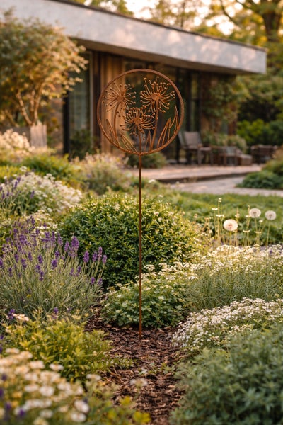 Gartenstecker aus Metall in Rostoptik mit rundem Pusteblumen-Motiv, platziert in einem bepflanzten Gartenbeet vor einem Haus.