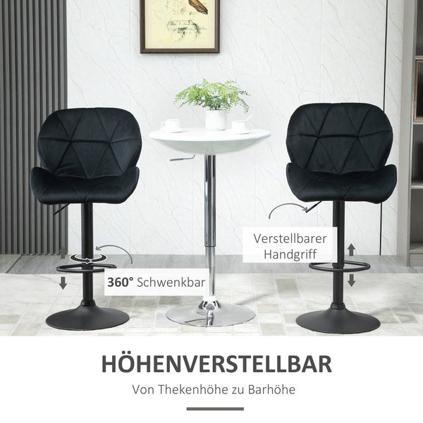 HOMCOM 2er-Set Barhocker drehbare Barstühle mit Lehne höhenverstellbarer Bistrohocker Tresenhocker Samt Touch armloser Schaumstoff Schwarz 51,5x 57,5 x 93-114,5 cm