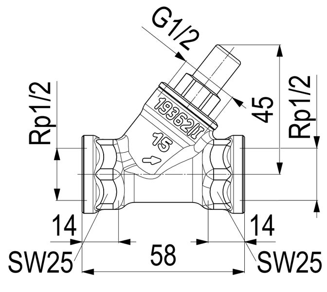 Technische Zeichnung eines Schrägsitzventils mit Rp 1/2 Zoll und G 1/2 Zoll Gewinden, Maßen 58, 45 und 14 Millimeter sowie Schlüsselweite 25.