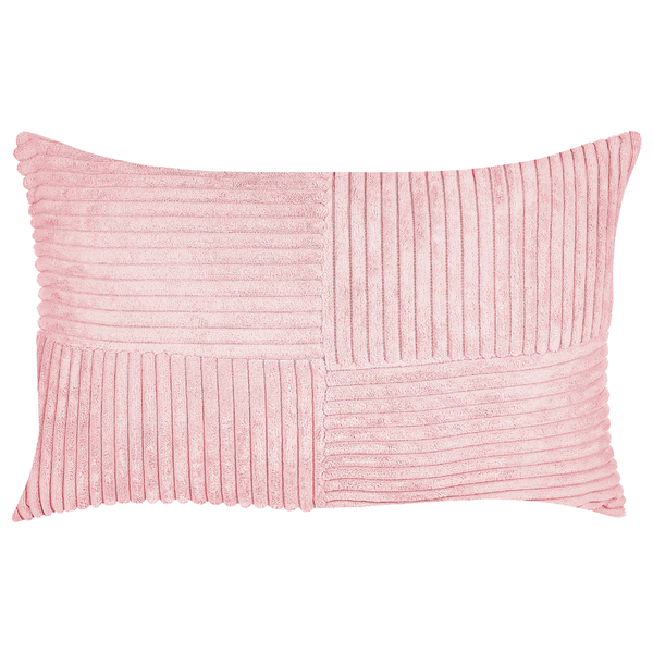 Rechteckiges Zierkissen in Rosa aus Cord mit abwechselnd horizontal und vertikal verlaufendem Rippenmuster.