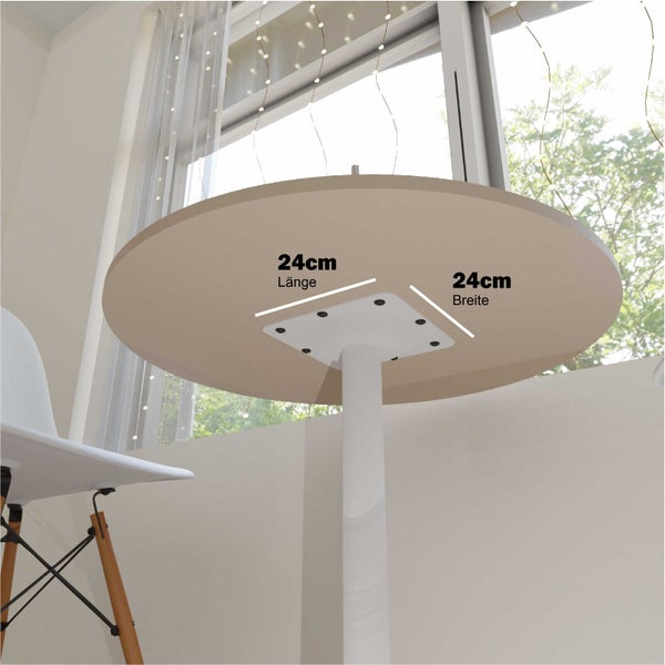 Tischplatte mit Montageplatte für ein Tischgestell, quadratische Montageplatte mit 24 Zentimeter Länge und 24 Zentimeter Breite.