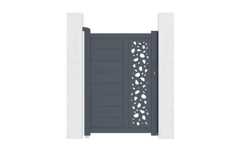 Anthrazitfarbenes Gartentor aus Aluminium mit dekorativem Lochmuster und horizontalen Paneelen zwischen zwei Pfeilern.