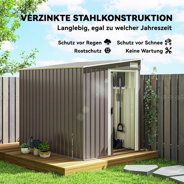 Gartenschuppen aus verzinktem Stahl mit geöffneter Tür und Gartengeräten