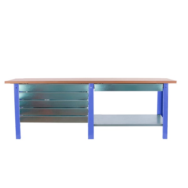 Werkbank BUFFALO WOOD mit 6x Schublade| HxBxT 86,5x210x75cm | Traglast 1000kg | Blau