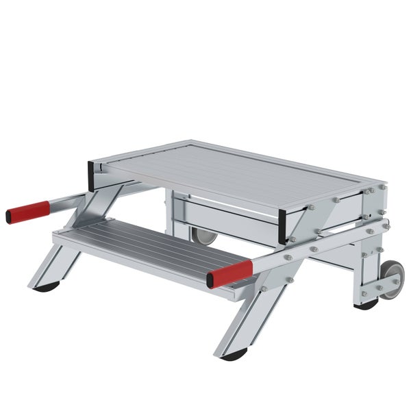 Zweistufige Aluminium-Arbeitsplattform mit roten Griffen und Rollen für den einfachen Transport.