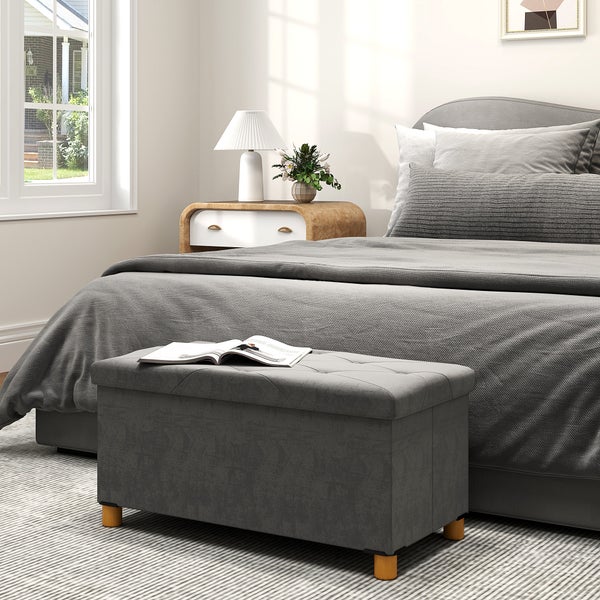 HOMCOM Sitzbank mit Stauraum faltbar Polsterbank mit Samtoptik, Sitztruhe mit Beine, Truhenbank für Wohnzimmer Schlafzimmer Flur 76 x 38 x 38 cm, Grau