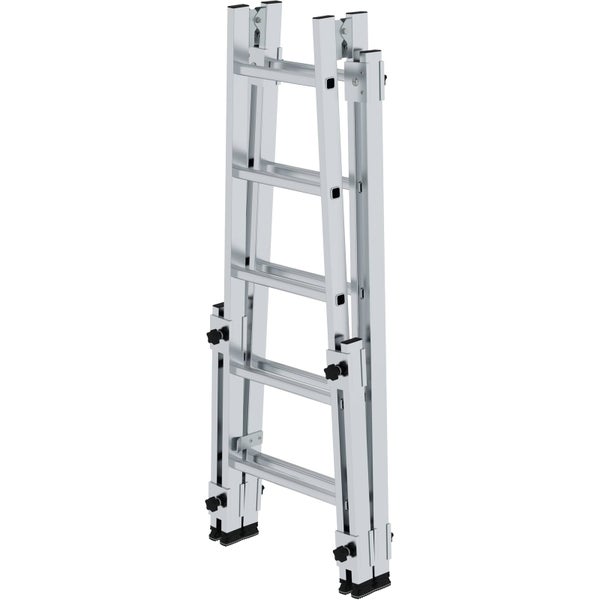 Aluminium-Vielzweckleiter, teleskopierbar, mit höhenverstellbaren Holmen und schwarzen Feststellknöpfen.