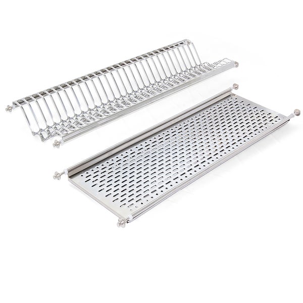 Zweiteiliges Abtropfgestell-Set aus Edelstahl für Küchenschränke, bestehend aus Tellerhalter und Abtropfboden.