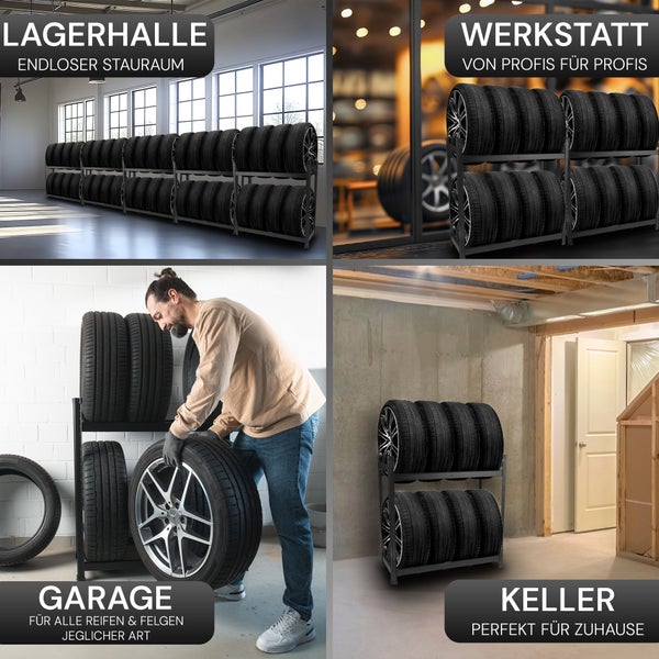 ALL Premium Reifenregal 8 Reifen 100x110x40cm schwarz, 250kg Traglast, platzsparend, Reifenständer und Reifenhalter, Felgenbaum Garagen Zubehör für Garage & Lager