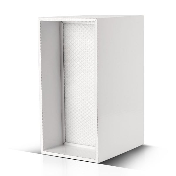 Rechteckiger Luftfilter mit weißem Rahmen und Wabenstruktur.