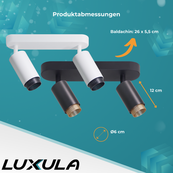 Produktabbildung von zwei Luxula-Lampen mit Produktabmessungen.