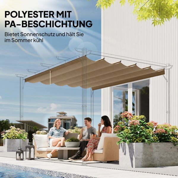 Ausziehbares Sonnensegel an einer Pergola aus Polyester mit PA-Beschichtung über einer Terrasse mit Gartenmöbeln und Personen.