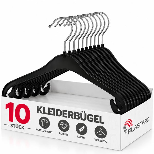 Set aus 10 Kunststoff Kleiderbügeln mit Metallhaken von Plastard in einer Verpackung.