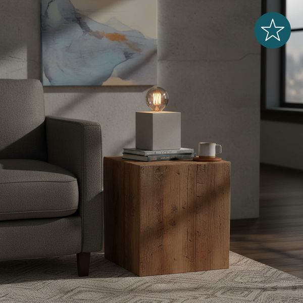 Dekorative Tischleuchte auf einem Beistelltisch aus Holz neben einem grauen Sessel