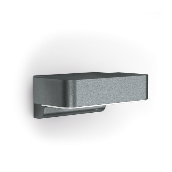 Moderne LED-Außenwandleuchte in Anthrazit, rechteckiges Design, Steinel Logo.
