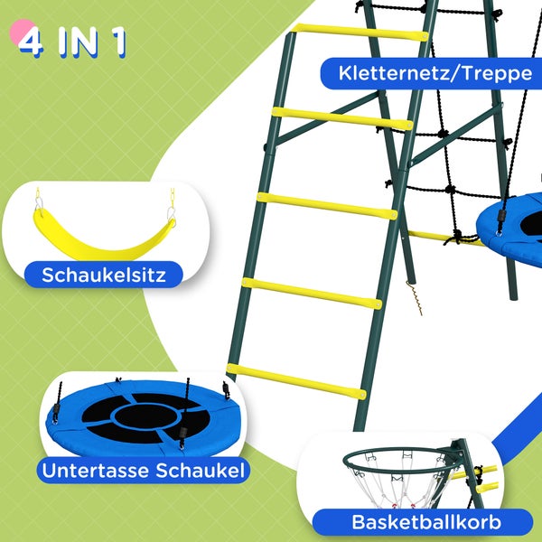 Outsunny Kinderschaukel-Set, 4 in 1 Schaukelgerüst Schaukelgestell mit 2 Schaukeln, Basketballkorb, Kletterleiter, Gartenschaukel für 3-8 Jahre Kinder, Stahl, Gelb
