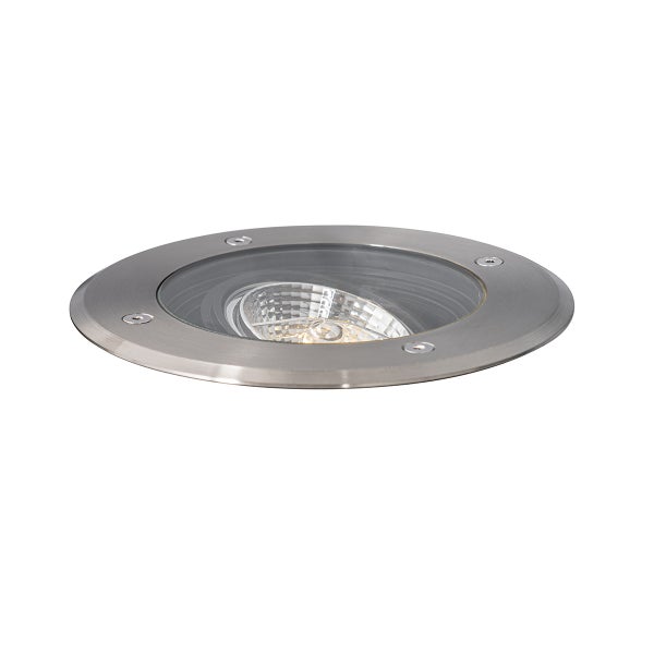 Runder Bodeneinbaustrahler aus Edelstahl mit Glaseinsatz und sichtbarem Leuchtmittel
