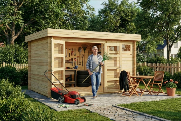 Gartenhaus aus Holz in einem organisierten Garten mit einem Mann, der einen Rechen hält, einem Rasenmäher und Gartenmöbeln.