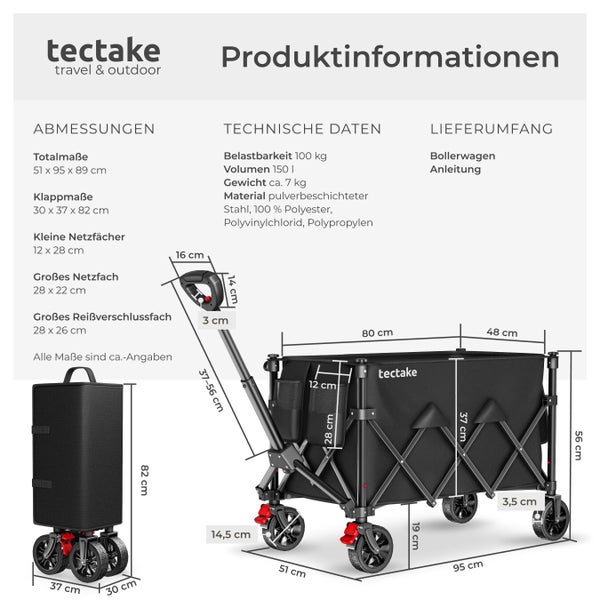 Produktinformationen zum Bollerwagen mit Abmessungen und technischen Daten
