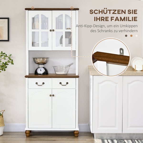 Weißer Küchenschrank mit Arbeitsplatte aus Holz und integrierter Anti-Kipp-Vorrichtung für die Wandmontage.