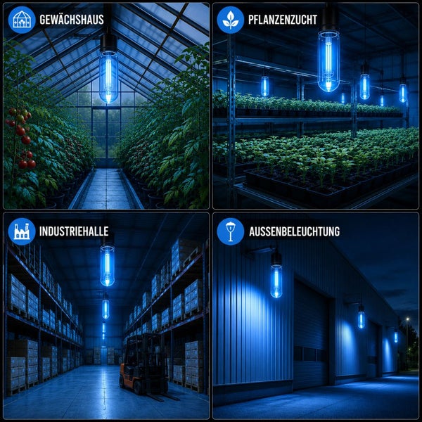 Anwendungen für LED-Leuchten in einem Gewächshaus, bei der Pflanzenzucht, in einer Industriehalle und als Außenbeleuchtung an einem Gebäude.