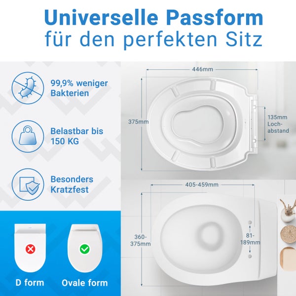 Infografik WC-Sitz: 446x375 Millimeter. Antibakteriell, kratzfest, bis 150 Kilogramm belastbar. Passend für ovale WC-Becken.
