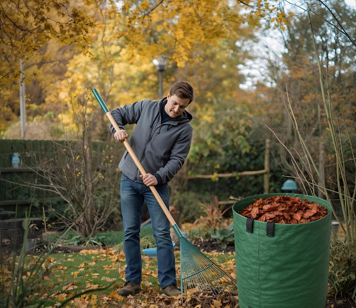 Ein Mann harkt im herbstlichen Garten Laub mit einem Fächerbesen mit Holzstiel neben einem gefüllten grünen Gartenabfallsack.
