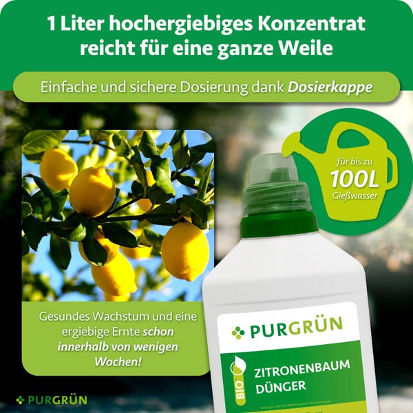 Anwendungshinweise und Dosierplan für Purgrün Flüssigdünger mit Angaben zur Mischung und Anwendungshäufigkeit über das Jahr verteilt.