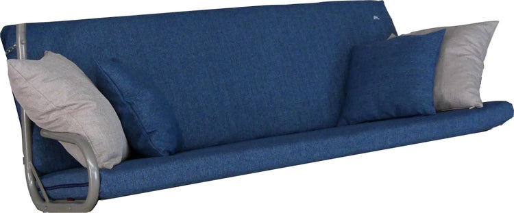 Blaue Schaukelauflage für Hollywoodschaukel inklusive zwei blauen und zwei grauen Zierkissen.