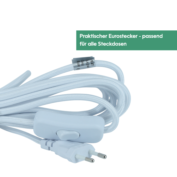 Parus by Venso E27 Lampenfassung 4m Textilkabel Weiß, Eurostecker, Venso Ecosolutions Lampenfassung E27 mit Kabel für E27 LED Lampe, Bulb Holder, Kabel für Lampe, Fassung E27 Weiß