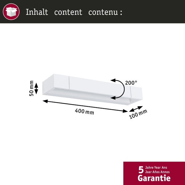 Weiße Wandleuchte, 400 mal 100 mal 50 Millimeter, 200 Grad schwenkbar, inklusive 5 Jahren Garantie.