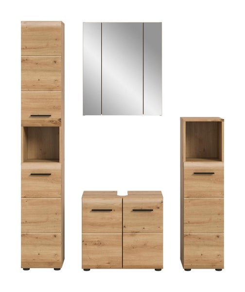 Badezimmermöbel-Set in Eichenoptik mit Hochschrank, Spiegelschrank, Waschbeckenunterschrank und Midischrank mit schwarzen Griffen.